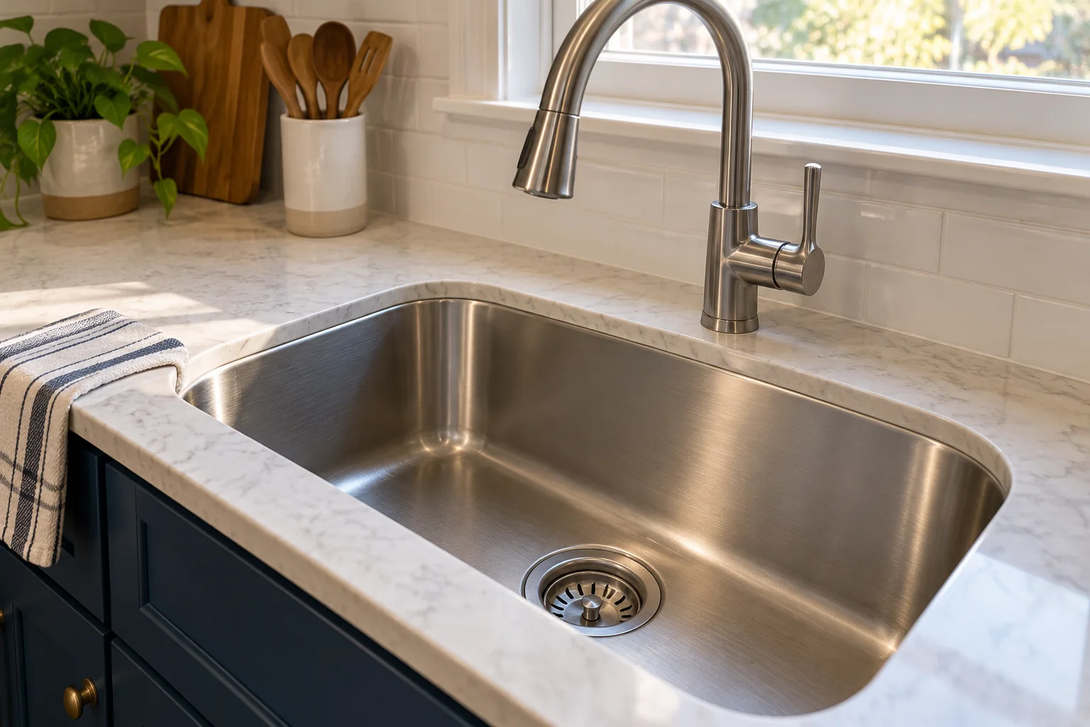Stainless kitchen sink and faucet with navy cabinetry, illustrative interior